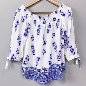 Rue21 Off Shoulder‎ Blouse Size L White Blue Floral Print 3/4 Sleeve Womens Top